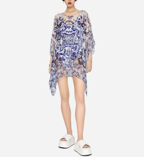 

women's blouses original blue/red and white porcelain printed silk loose fitting long shirt
