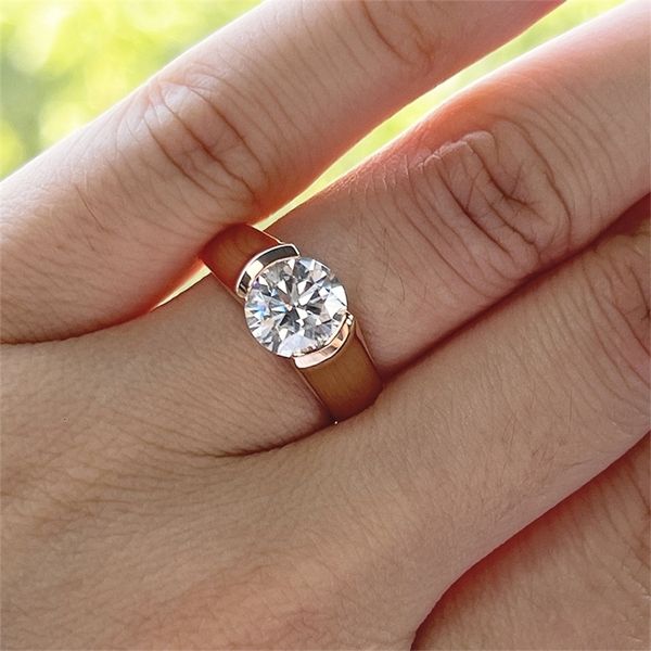 

solitaire ring cosfix 2ct diamond engagement rose ring for women 100% 925 sterling silver bridal wedding band border setting 230512, Golden;silver