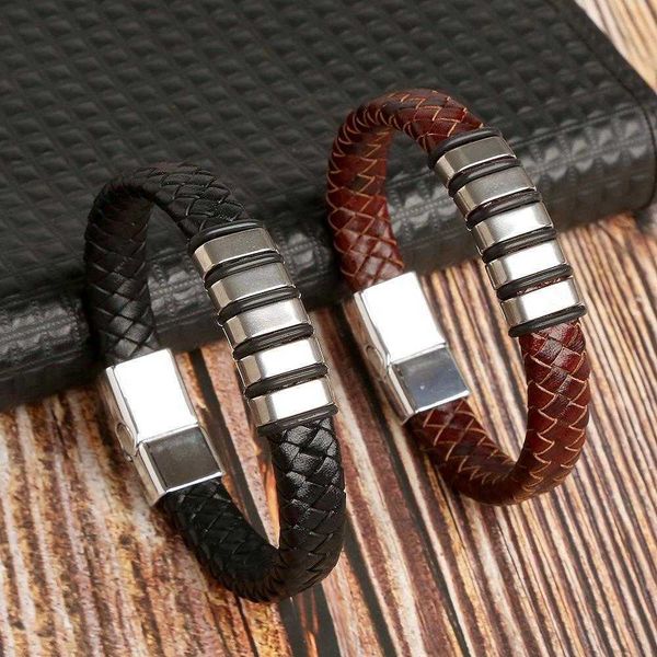 

mens leather titanium steel fashion bracelet hand woven wholesale, Golden;silver