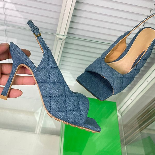 

womens fish mouth square toe dress sheos slingbacks sandals denim quilted texture stiletto heels slides for party designer wedding shoe retr, Black
