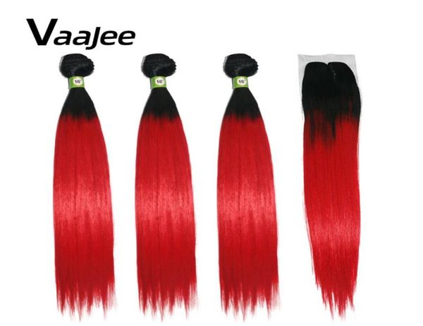 

1830 inch straight hair bundles with closure synthetic ombre natural brown red synthetic hair weave extensions for women 2202163050893, Black;brown