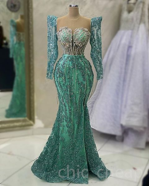 

Aso Ebi 2023 Arabic Beaded Crystals Prom Dress Mermaid Sequined Lace Evening Formal Party Second Reception Birthday Engagement Gowns Dresses Robe de Soiree SH043, Champagne