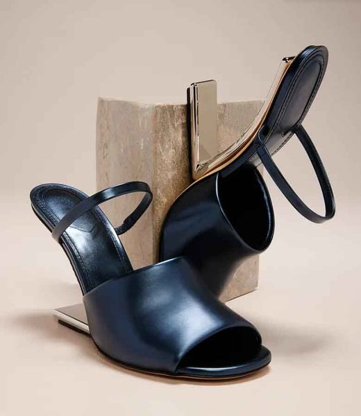 

summer dress sandal women high heels first metallic-heel slide sandals blue calfskin leather sliver heeled and strap open toe lady wedding b, Black
