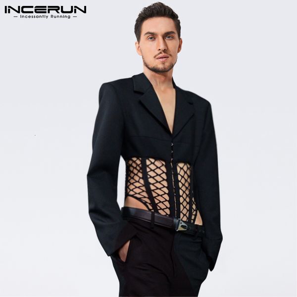 

men's suits blazers men's leisure jumpsuits male long sleeved breathable mesh patchwork suits shirt jumpsuits s-5xl incerun 23051, White;black