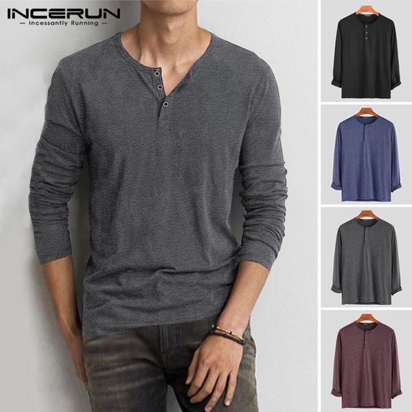 

mens tshirts incerun fashion men t shirt cotton long sleeve fitness o neck solid color button casual basic tshirts camiseta hombre 230512, White;black