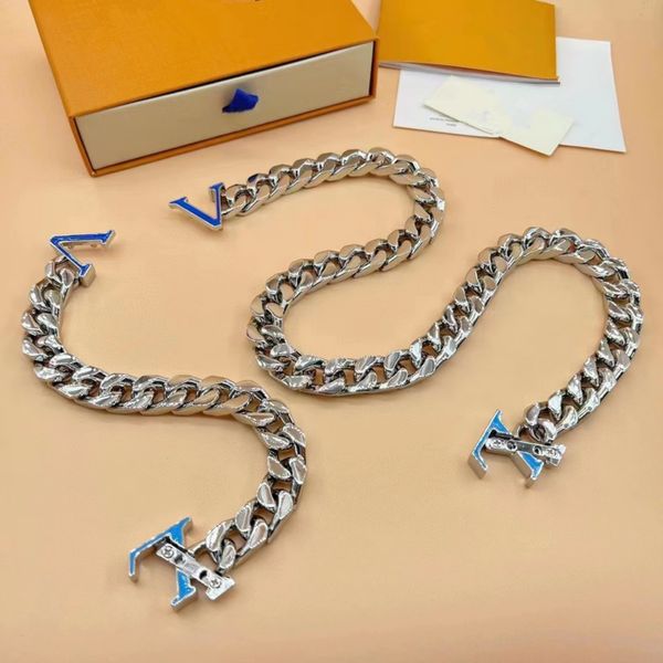 

new luxury jewelry silver men's blue logo necklace fashion street hip hop bracelet party accessories