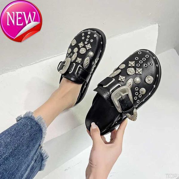 

slippers summer women platform punk rock leather mules creative metal fittings casual party sho, Black