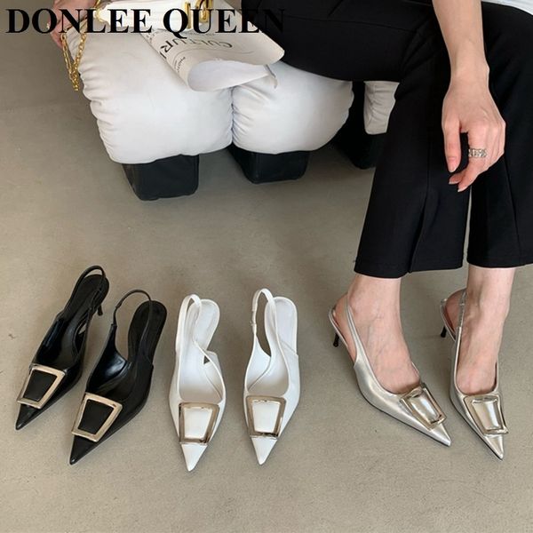 

sandals fashion high heel shoes women slingback sandals female pointed toe elegant pumps for party shoes brand buckle slip on mule mujer 230, Black