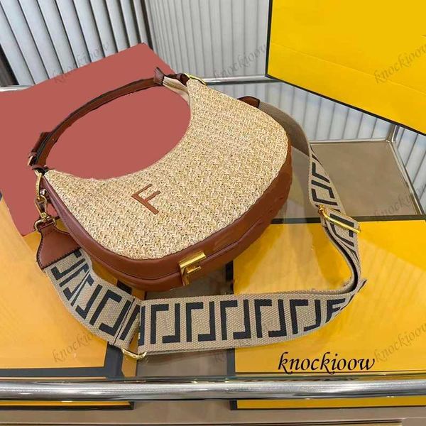 

women's designer handbag raffia straw woven half moon bag ladies raffia shoulder bag f logo shoulder strap decoration crossbody purse 2