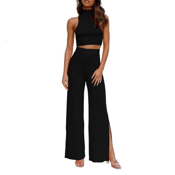 

women's two piece pants womens summer casual two piece outfits sweatsuits cropped tank mock neck ribbed knit long pants 517d 230515, White