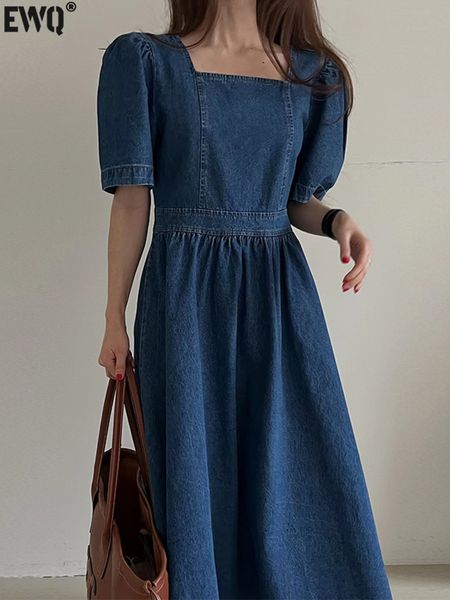 

casual dresses ewq women back zipper vintage denim dress square neck pleated spliced female short sleeve dresses summer vestido 7301 230515, Black;gray