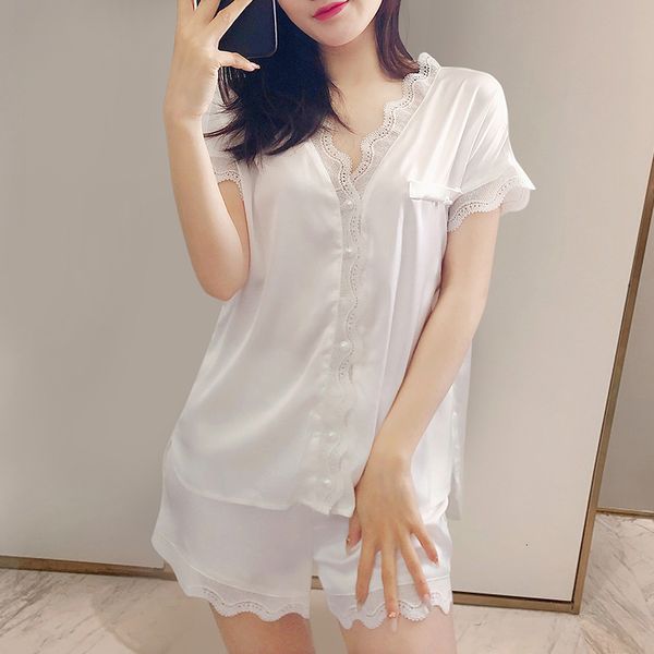 

women's sleepwear women sleepwear summer pajamas set for women fake silk white lace pijama set girl nightgown loose waist short pant si, Black;red