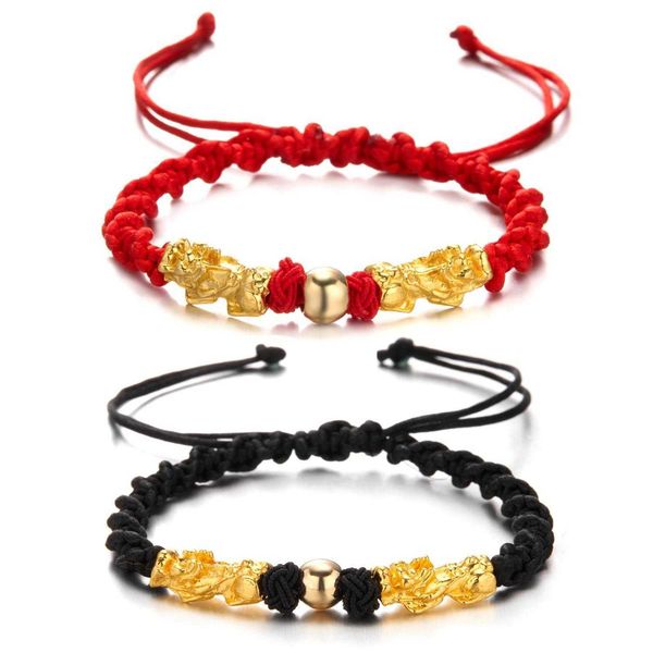 

black and red ropes double pixiu bracelet lucky woven adjustable, Golden;silver