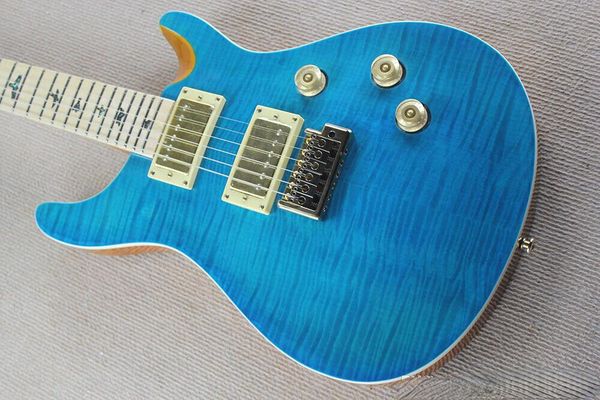 

blue electric guitar gold hardware abalone bird fret inlay,flame maple veneer