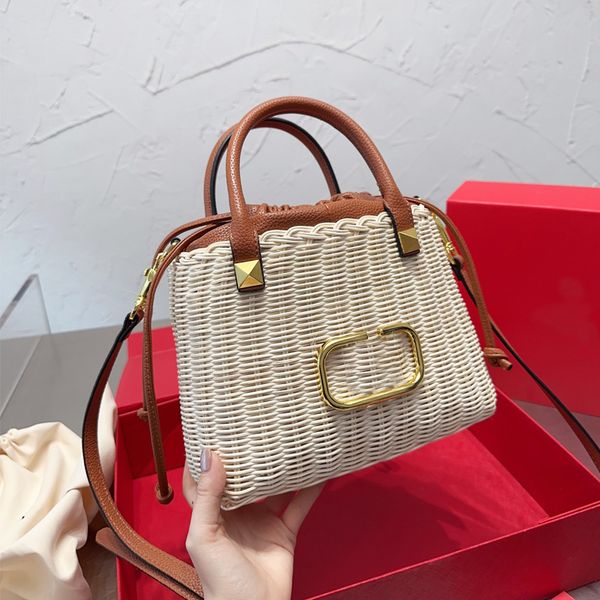 

handwoven basket handbag large capacity portable crossbody bag string tote package leather carrying strap adjustable diagonal span hardware