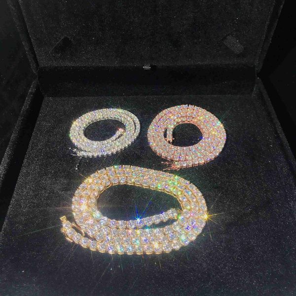 

1 row 3mm simulated lab diamond moissanite out iced chain hip hop tennis necklace, Silver