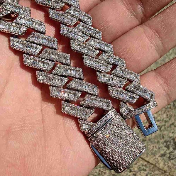 

18mm prong setting link necklace iced out 925 silver baguette moissanite cuban chains for men