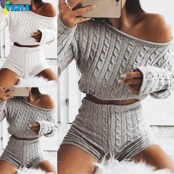 

yiciya new women cable knit crop lounge wear suit ladies co ord 2pcs tracksuit set lounge wear solid crop shirts shorts pants, Gray