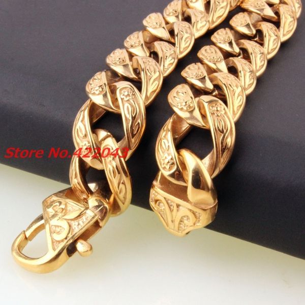 

chain fashion men's bracelet 15mm pure gold stainless steel cast flower cuban link chain bracelet 9 "jewelry 230512, Black