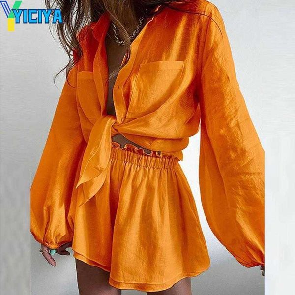 

yiciya women's tracksuits 2023 women casual shirt shorts set summer sets loose fit outfits long sleeve blouse wide leg 2 two piece, Gray