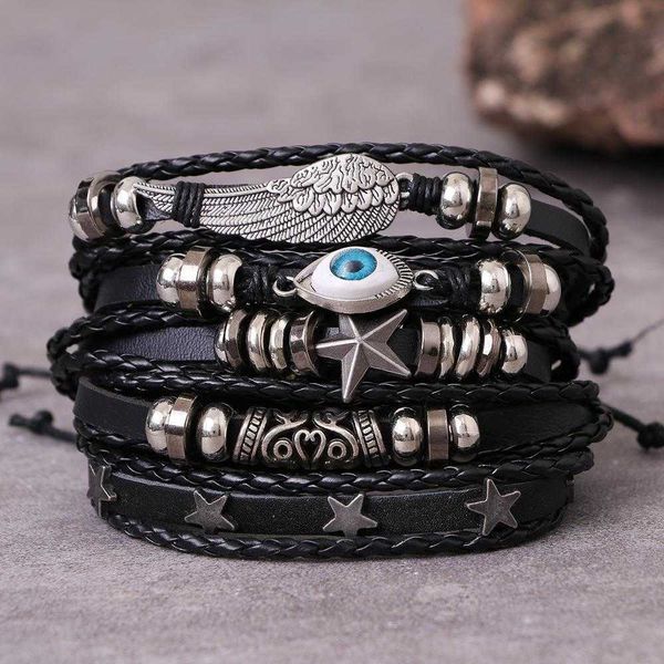 

multi layer leather bracelet black mens stylish adjustable 2125, Golden;silver