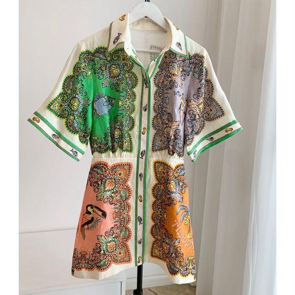 

casual dresses vintage style position print women short sleeve linen shirt dress 230515, Black;gray