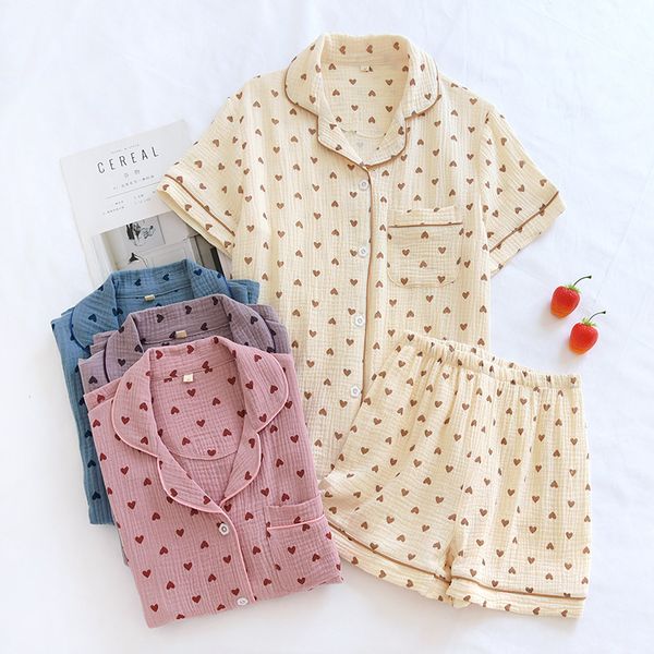 

women's sleepwear summer women's pajamas short-sleeved shorts two-piece set 100% cotton crepe loungewear cute love breathable larg, Black;red