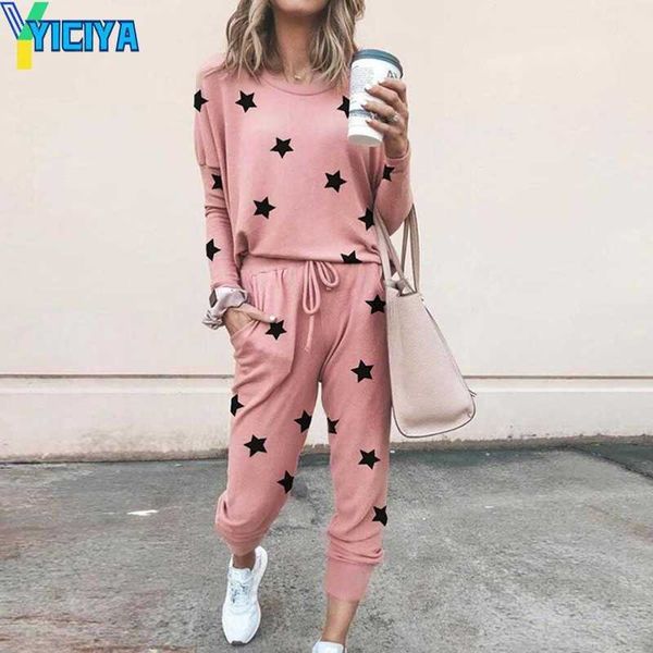 

yiciya elegant star print ladies two piece suit women long sleeve sweatshirt and harem pants set femme outfits streetwear suits, Gray