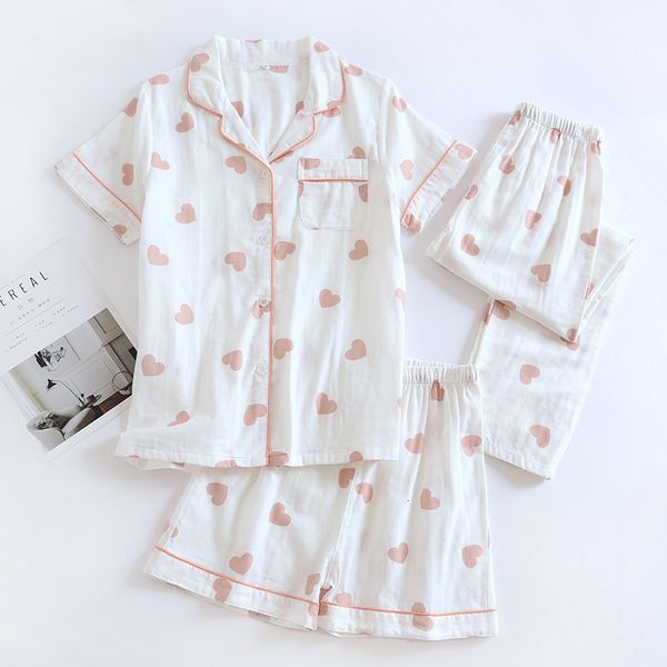 

women's sleepwear women's spring summer 100% gauze cotton pajamas 3-piece short sleeve shorts trousers soft and comfortable homewe, Black;red