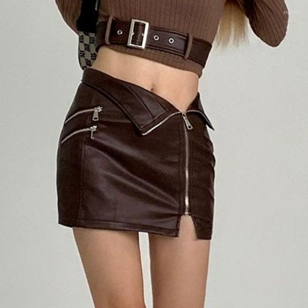 

skirts deeptown punk style leather skirt women solid high waist irregular zipper bodycon streetwear mini pencil summer, Black
