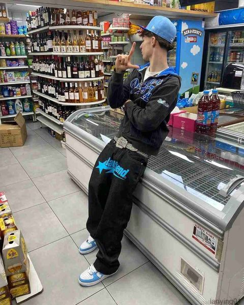 

mens jeans y2k badfriend hip hop letter printed pants men women fashion casual rock wide foot baggy trouser streetwear 2303205jgytvoi, Blue