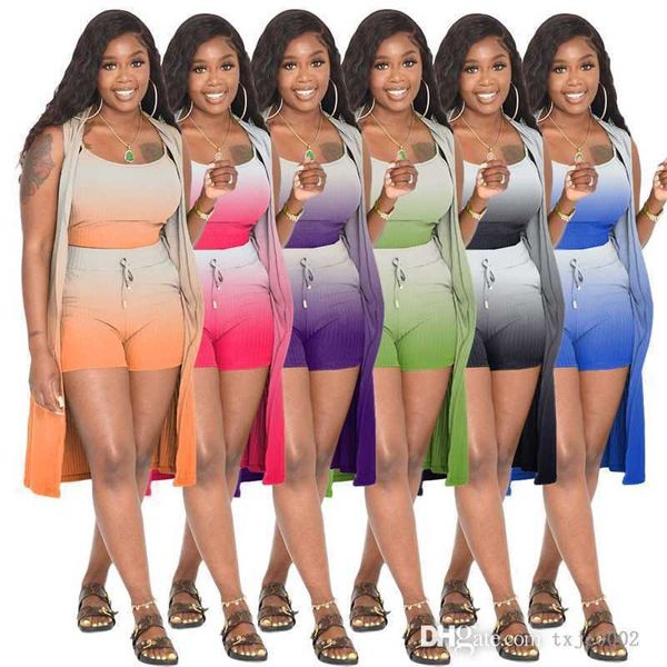 

3xl womens gradient color tracksuits three piece set summer outfits sling long cape pit strips vest shorts matching sets, Gray
