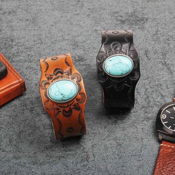 

qinuo bracelet wide leather genuine embossed turquoise plaid pattern couple, Golden;silver
