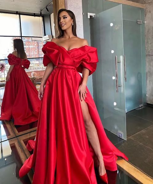 

new evening dresses a line prom party gown off-shoulder floor-length sweep train satin long plus size thigh-high slits custom, Black