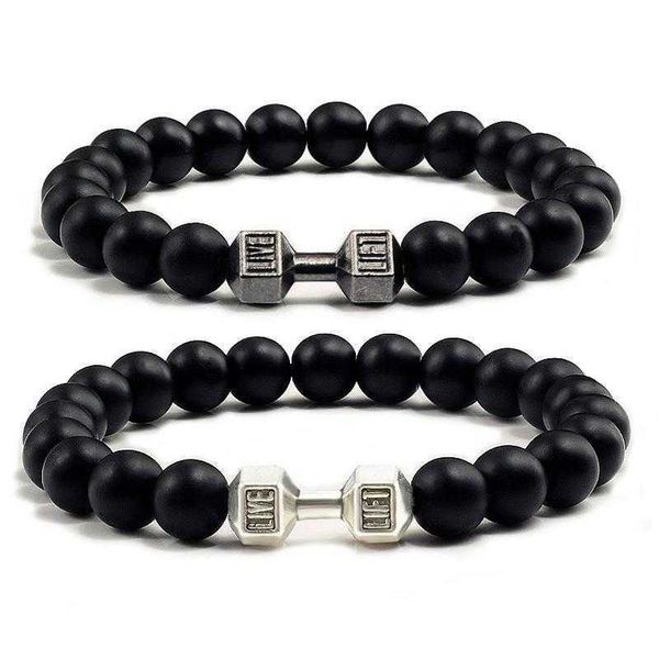 

ornament turquoise yoga energy bracelet strand volcanic rock frosted beaded alloy dumbbell chain, Black