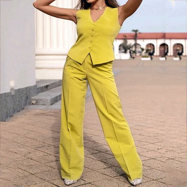 

women's two piece pants everbele women summer fashion elegant sleeveless tie yellow color two-piece suit trousers for femal ladies 2305, White
