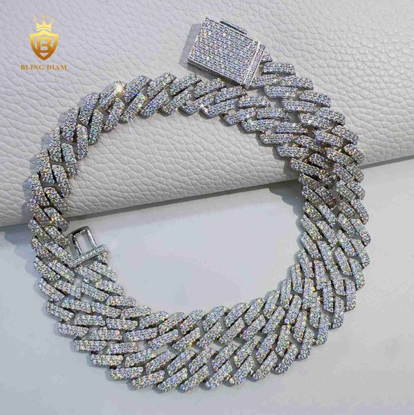 

custom 12mm hand setting 2rows vvs moissanite cuban link chain 925 sterling silver hiphop chain