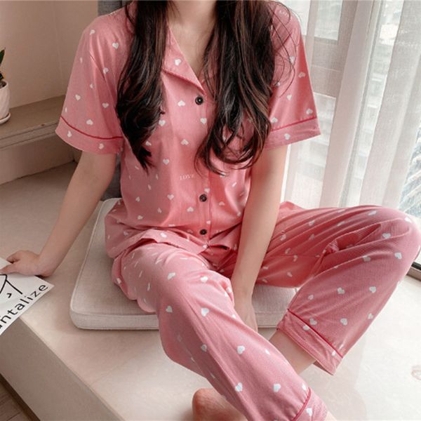 

women's sleepwear pyjamas women short sleeve long pant summer sleepwear pajamas set cute cartoon cotton pijamas suit home clothes 15 st, Black;red