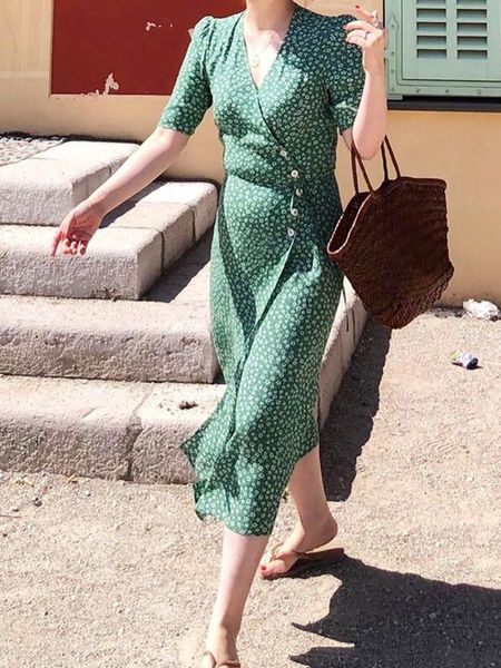 

casual dresses women long wrap dress floral print short sleeve waist buttons soft viscose sweet slim chic midi dress with belt 230515, Black;gray