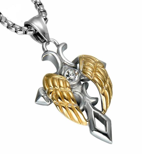 

gold color angel wing cross men pendant necklace punk crucifix stainless steel titanium necklaces jewelry4935334, Silver