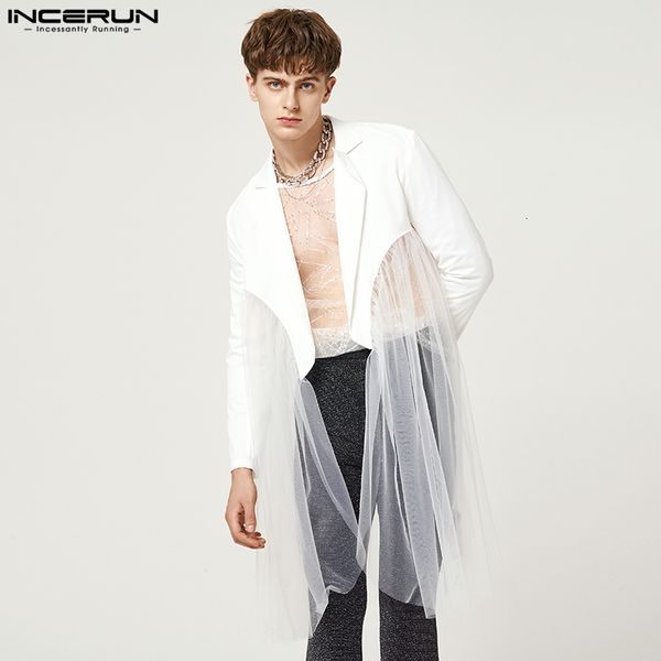

men's suits blazers incerun men blazer mesh patchwork lapel long sleeve open stitch long suits streetwear fashion men thin coats s-5xl, White;black