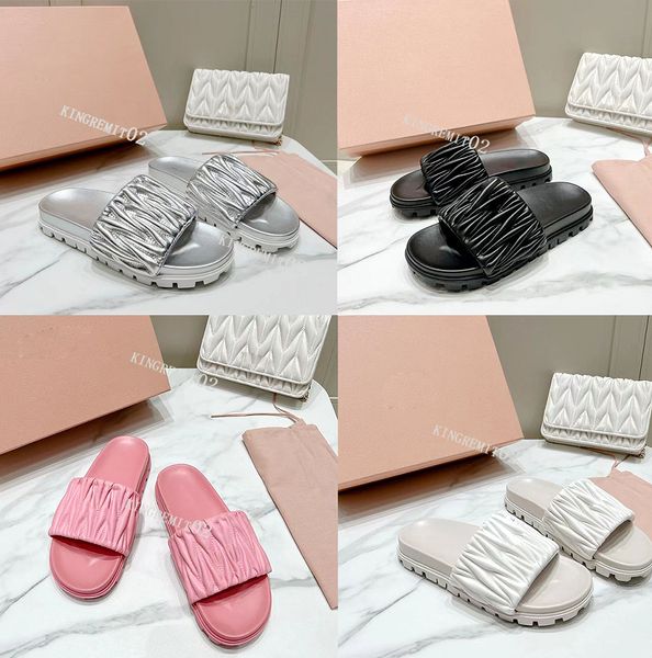 

designer slippers pleated satin slides platform slipper technical fabric sandal summer beach slide, Black