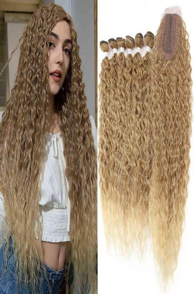 

raising 613 deep wave hair bundles with closure synthetic curly hair lace closure 30 inches natural weave blonde hair bundles h2209858198, Black