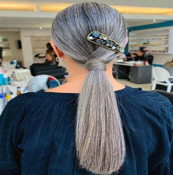 

16inch human hair extensions ponytail grey clip in ponytail hair piece wrap around gray ponytail hair extensions 120g1097710, Black