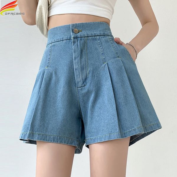 

women's shorts dfrcaeg summer denim shorts for women high elastic waist blue or sky blue wide leg loose pleated mini plus size short fe, White;black