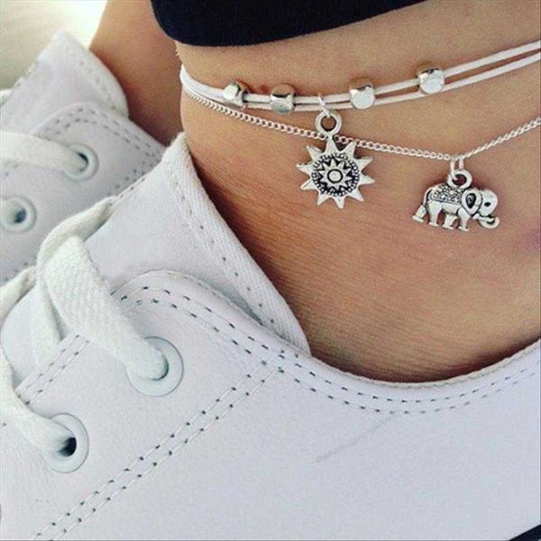 

ornament elephant anklets sun three layers and multiple vintage fashion women anklet alloy bracelet wholesale, Red;blue