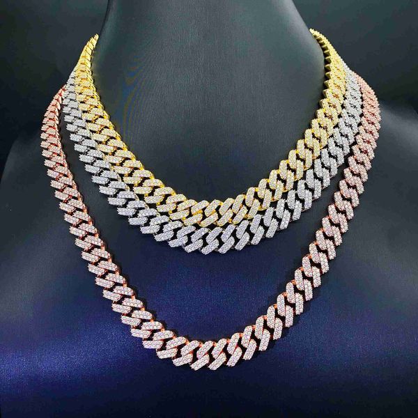 

two rows 12mm hip hop jewelry men necklace 925 sterling silver fully iced out luxury vvs moissanite diamond cuban link chain