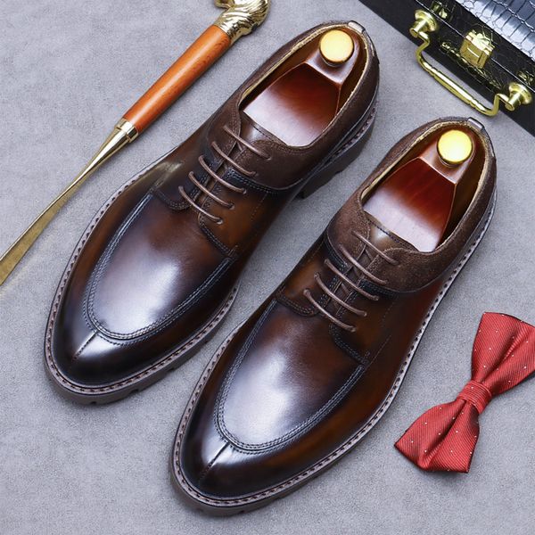 

genuine cow leather shoes business casual british mens lace up derby bright coffee formal oxford handmade black big size 2023