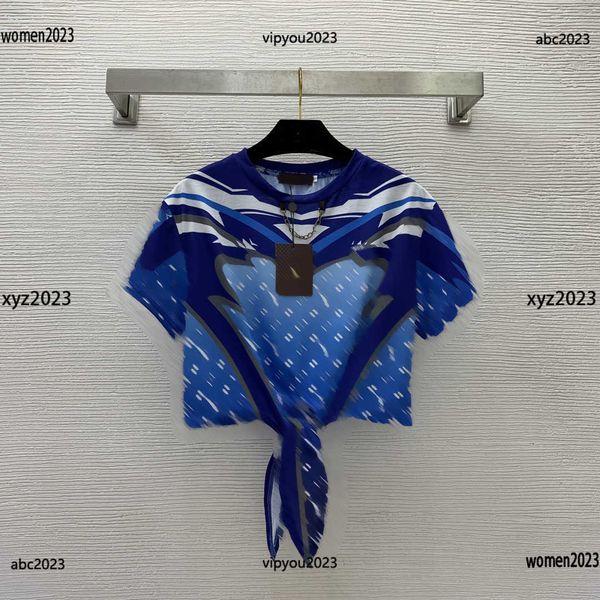 

women's t-shirt round neck tees gradient printed short sleeved t shirt waist tie and tie design summer products, White