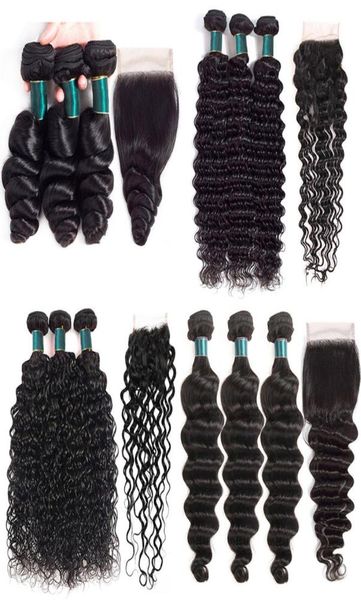 

brazilian virgin human hair weave 3 bundles with 4x4 lace closure deep wave loose wave water wave loose deep kinky curly hair exte7606597, Black